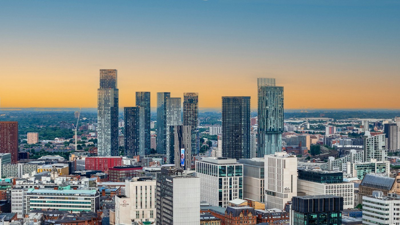 Manchester’s skyline in warm evening light